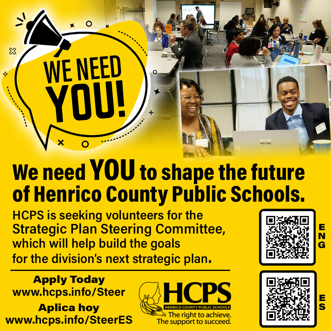 We need you — yes, you 🫵 — to contribute to the future of our schools!

We're seeking volunteers for the Strategic Plan Steering Committee! Applications are due by Sunday, April 21. More information and applications (English and Spanish) can be found at henricoschools.us/page/committee….