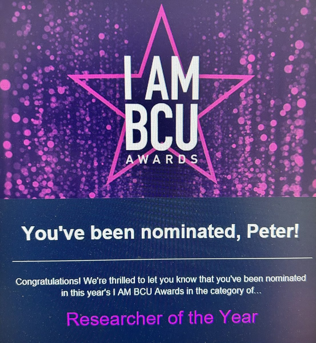 Well this was a very nice surprise. Huge thanks to whoever it was that nominated me for this @MyBCU award.