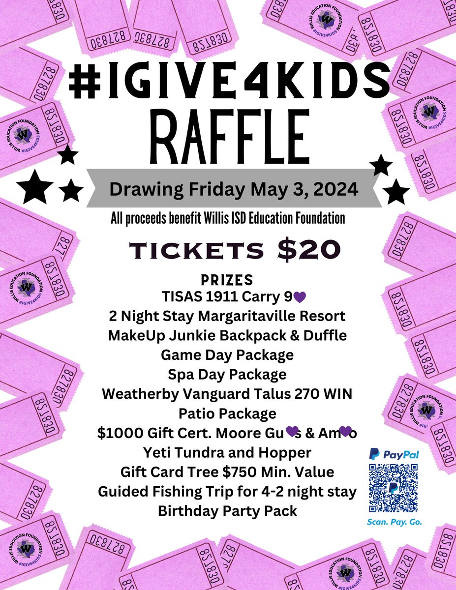 Get your tickets SOON!! Drawing will be held on May 3rd. See a Foundation member for your tickets- LOTS of great prizes. These funds will help us further the education of graduating seniors from @Willis_HS_TX #igive4kids