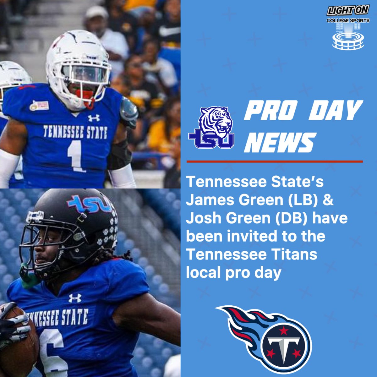 Tennessee State’s James Green (LB) & Josh Green (DB) have been invited to the Tennessee Titans local pro day, per source. 📸: TSU Athletics