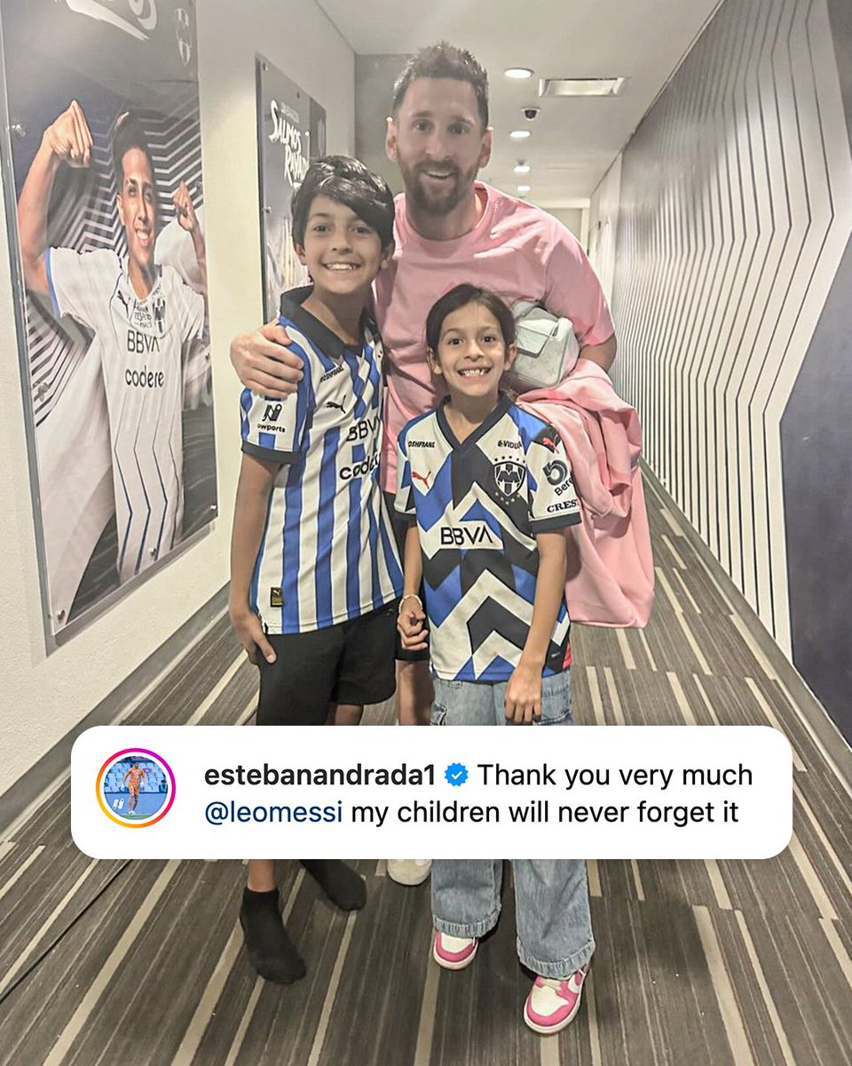 Even after Inter Miami was eliminated from the Concacaf Champions Cup, Lionel Messi took the time to take a picture with the children of Monterrey goalkeeper Esteban Andrada ❤️ Class! 🐐 (via estebanandrada1/IG)