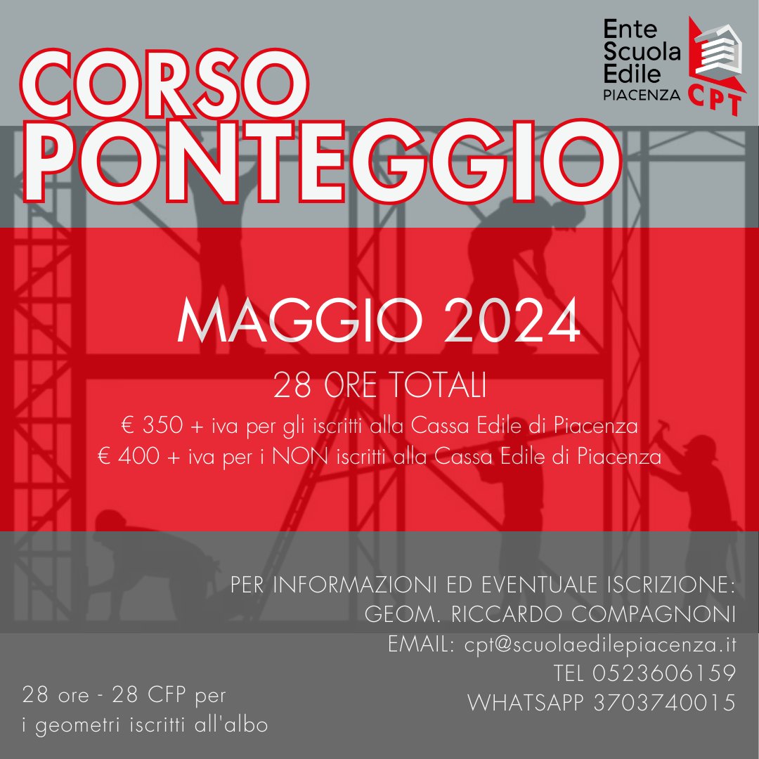 📌 MAGGIO 2024
⚠️ Corso Obbligatorio 28 ore totali
28 CFP per i Geometri iscritti all'Albo.
INFO:
Geom. Riccardo Compagnoni
✉ cpt@scuolaedilepiacenza.it
☎ 0523-606159
WhatsApp: 370-3740015
#edilizia #corsidiformazione #sicurezzasullavoro #sicurezzacantieri #ponteggi #formazione