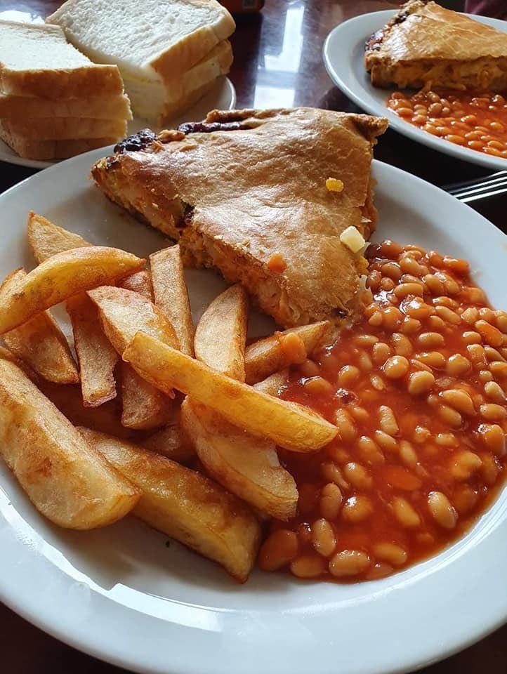 Cheese and Onion Pie, Chips and Beans