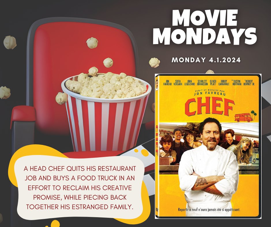 🎬 Savor the journey of family, food, and redemption in 'Chef'. Watch as a head chef follows his heart and flavor-filled dreams, igniting his passion for food and family along the way. Available now! 🍴🎥 #MovieMonday #RHL #Libraries #MoreThanLibrary