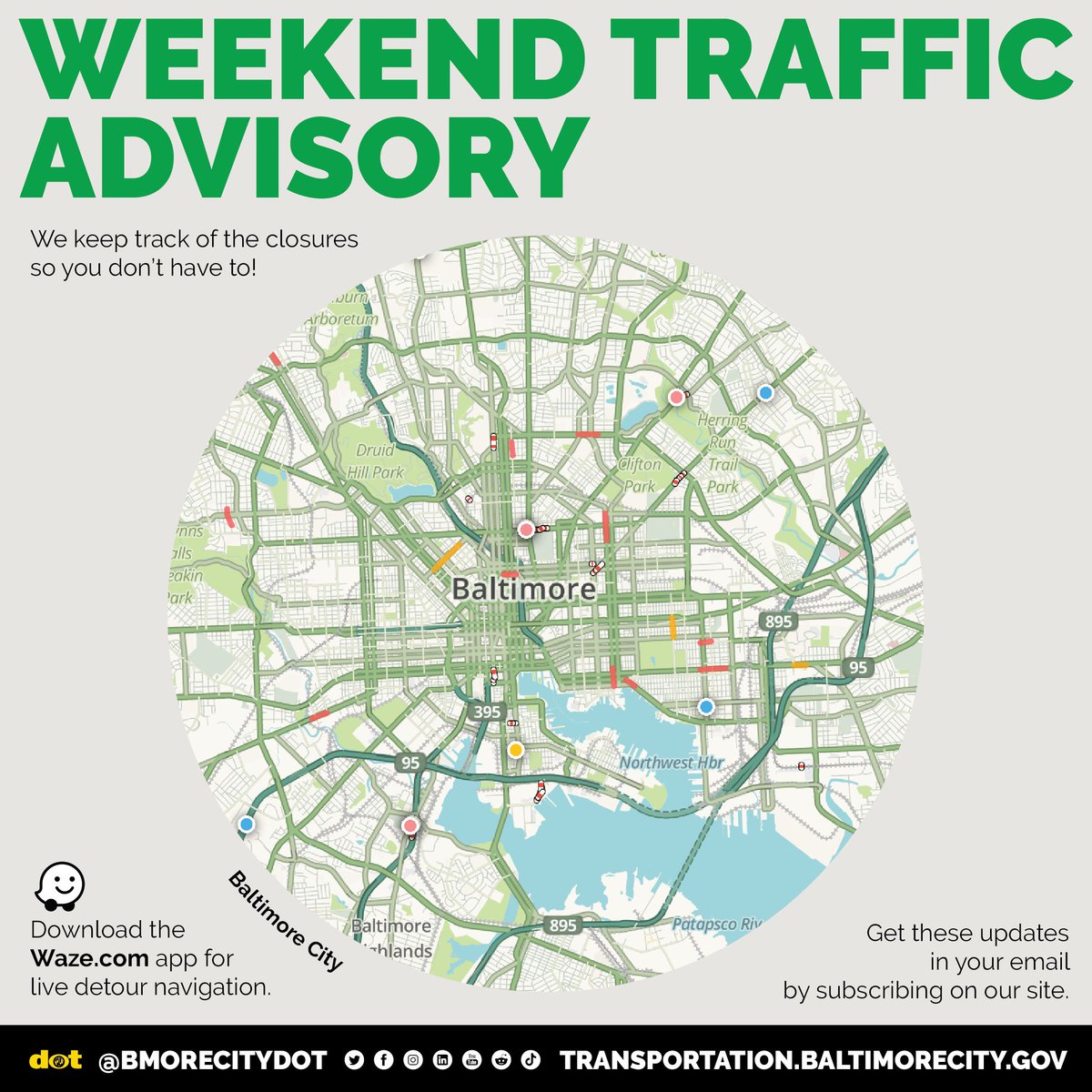 Weekend Road Closures for Friday, April 12th Through Sunday, April 14, 2024 buff.ly/3JeXhPf ⚾️ Orioles Weekend Home Games 👟 Red Shoe Shuffle 5K 💡 Street Light Repairs 🧹 Street Cleaning 🥕 Baltimore Farmers' Market