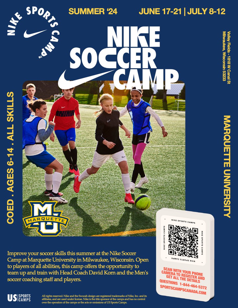 Join us this summer at our Marquette Nike Youth Soccer Camps! Learn more here : shorturl.at/jsPQV #WeAreMarquette I #MarquetteSoccer