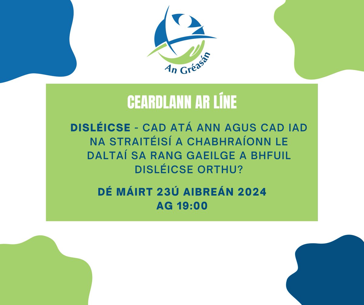 Disléicse - cad atá ann agus na straitéisí a chabhraíonn le daltaí sa rang Gaeilge a bhfuil disléicse orthu Dé Máirt 23/04/24 ag 19:00 Ceardlann Zoom eagraithe ag An Gréasán Cláraigh roimh ré anseo: eventbrite.ie/e/disleicse-ca… @sealbhu @GaelLinn @CnaG @Oide_PP_Gaeilge @Gaeloid