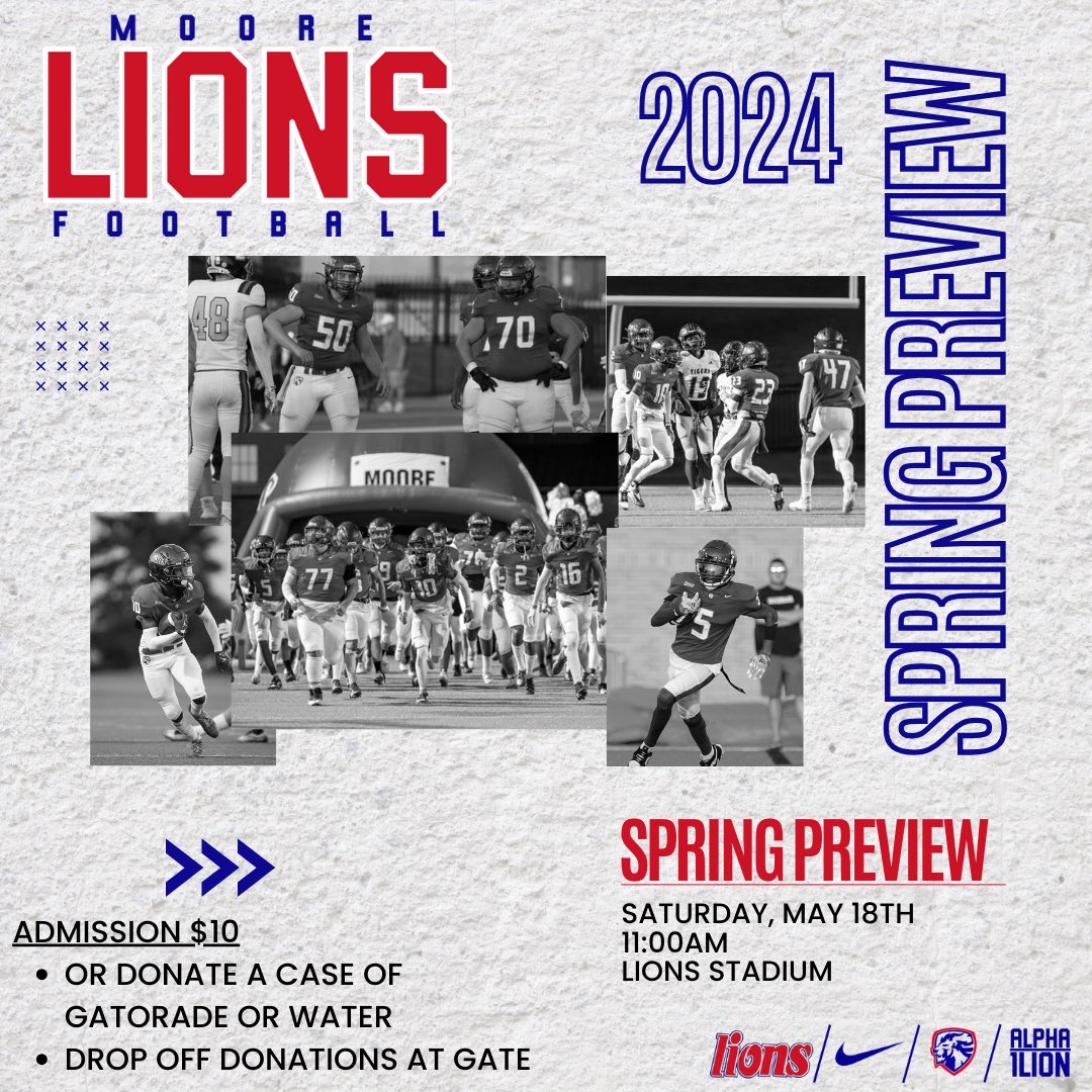 🦁 2024 Spring Football Preview 🗓️ Saturday, May 18th, 11am 📍 Lions Stadium ✅ $10 Admission or Donation of a case of Gatorade, non-caffeinated sports drink or water #1lion🦁