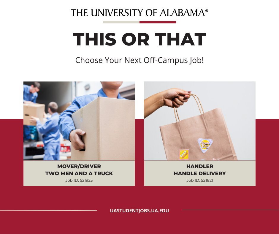 📦Check out these two off-campus job opportunities! Visit uastudentjobs.ua.edu. #UAStudentJobs #WhereLegendsAreMade #theuniversityofalabama #studentemployment #JoinOurTeam #applynow