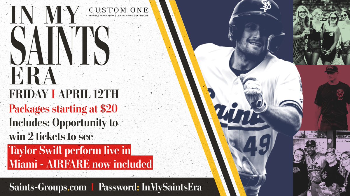 Experience your Saints Era TOMORROW at CHS Field for an opportunity to win 2 tickets to Taylor Swift's Miami concert, including ROUNDTRIP AIRFARE courtesy of @SunCountryAir! Packages start at just $20. Act fast at saints-groups.com using password 'InMySaintsEra'.