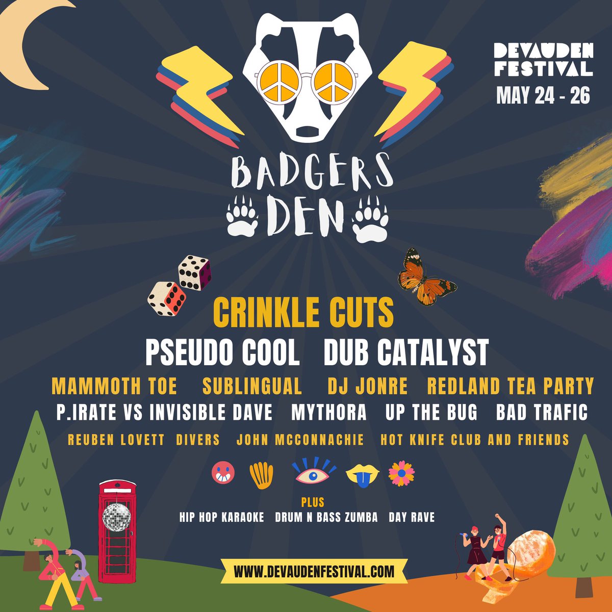 🦡 🍄 BADGERS DEN 🎲🐾

Get your chops around our Badgers Den line-up for 2024

Our beautiful, bohemian badgers have pulled out all of the stops with this incredible selection 🚦

Expect the unexpected, let loose and lose your inhibitions at The Badger Den - Devauden Festival 🌲