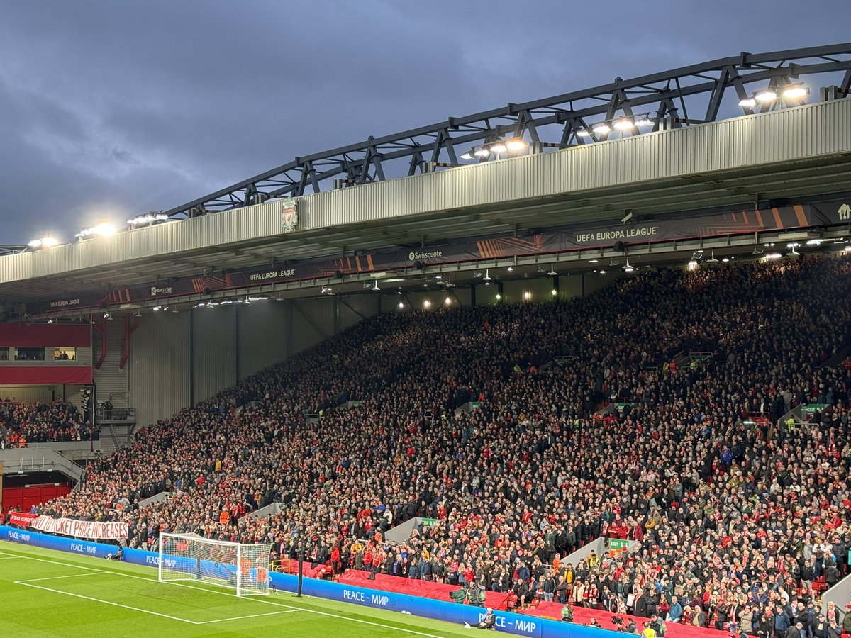 The only banner on the Kop reads: ‘No to ticket price increases.’