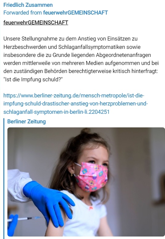 @longcovid0 'Feuerwehrgemeinschaft' vertritt nicht die Berliner Feuerwehr, sondern gehört zur 'Blaulichtfamilie'/'Den blauen Lichtern', die auch bei der 'Galerie der Aufklärung' (#GalerieDesGrauens) mit #SabrinaKollmorgen involviert waren und z. B. bei #FriedlichZusammen-Demos mitliefen.