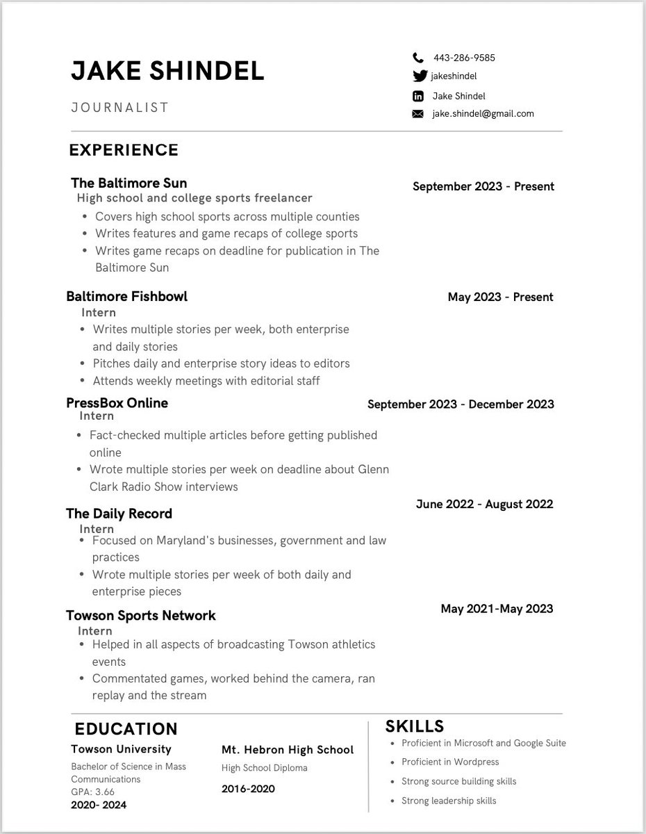Hi everyone, as graduation nears, I'm seeking jobs in digital/broadcast journalism and communications. I've had numerous internships and part-time jobs throughout my time at Towson. Here's my resume in case you or someone you know is hiring. Feel free to DM me. Thanks!