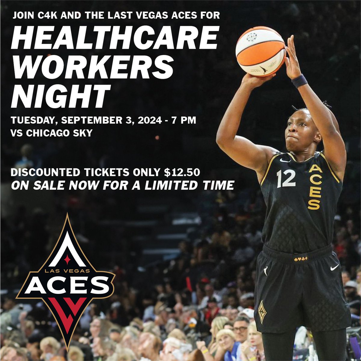 Hey C4K families! Join us for an extraordinary night as back-to-back WNBA champion @lvaces take on the Chicago Sky as they honor healthcare heroes for #HealthcareWorkersNight. Get your tickets today! #Cure4TheKidsFoundation #LasVegasAces fevo-enterprise.com/event/Healthca…