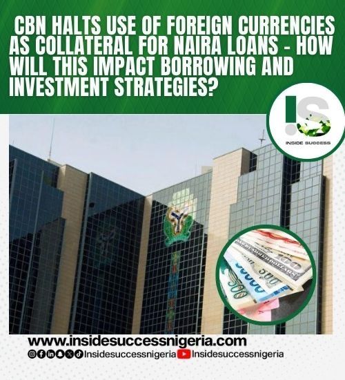 CBN puts a halt on using foreign currencies as collateral for Naira loans.

🤔 How will this impact borrowers and lenders in the financial landscape? Share your thoughts! #FinancialRegulation #EconomicImpact

CLICK LINK IN BIO TO SIGN UP FOR MORE ARTICLES ☝️💥💥