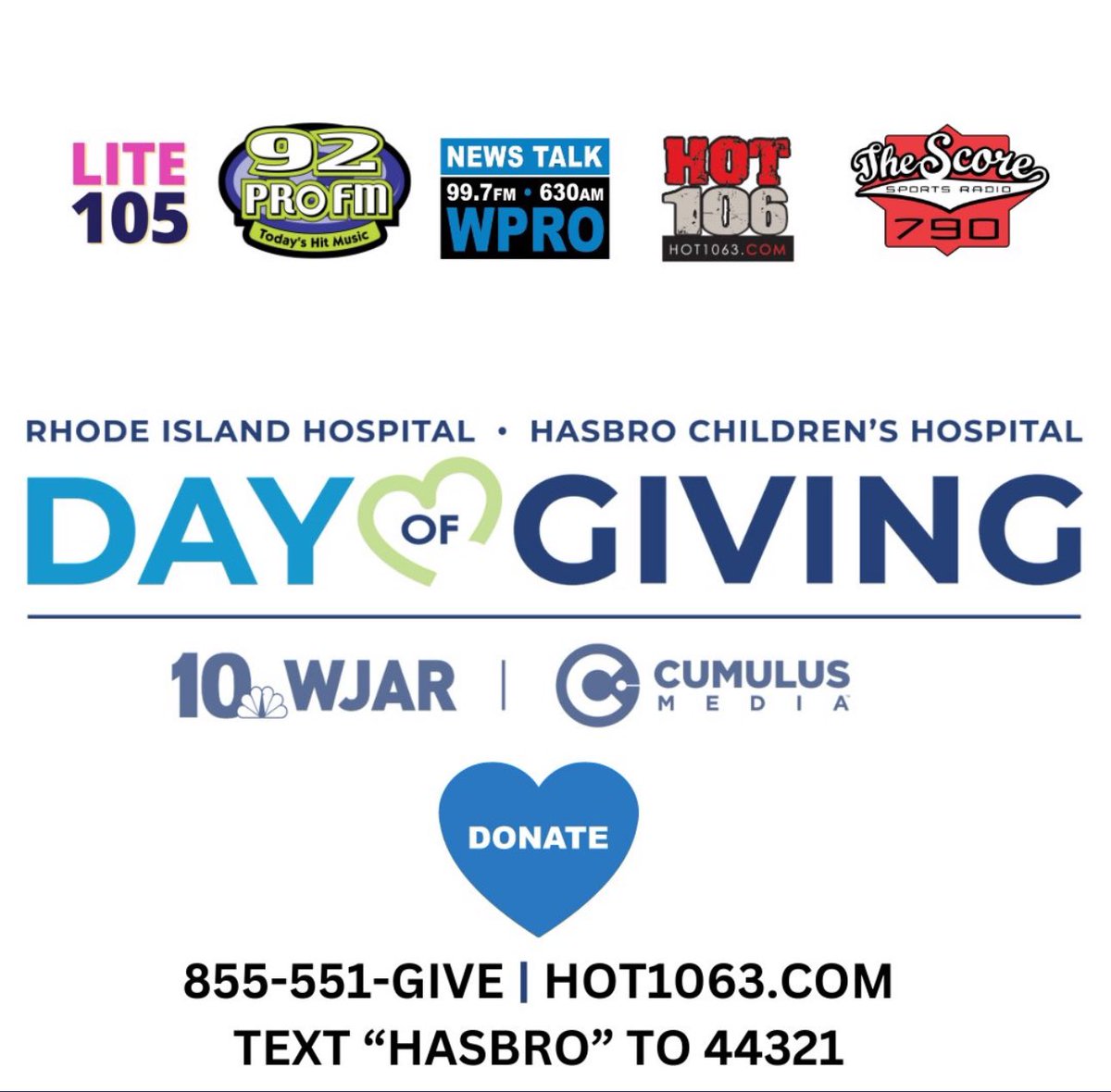 Our #DayofGiving with @NBC10 to benefit @RIHospital & @HasbroChildrens continues with @nickonair_ until 7pm To donate⬇️ Call: 855-551-4483 Text: 'Hasbro' to 44321 Online: hot1063.com