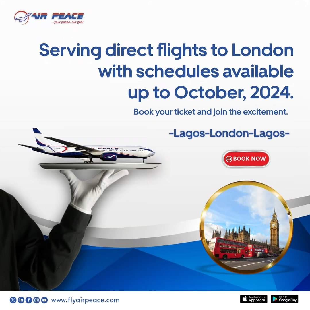 Save time and enjoy more convenience with our direct 6hrs Lagos-London and London-Lagos flights. 

Flight schedules are available till October.

Want to book? Visit flyairpeace.com or our mobile app.

#London #LagostoLondon #LondontoLagos #flygerian #UK #tourism…