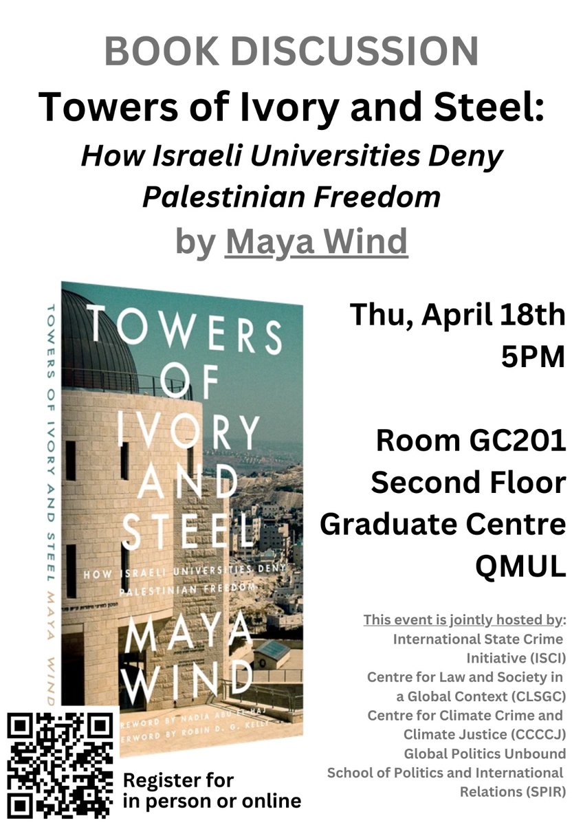 Maya Wind at QMUL on 18th April at 5pm to talk about their new book on how Israeli universities are directly complicit in the violation of Palestinian rights. In person and online! ticketsource.co.uk/null/t-xmxappo