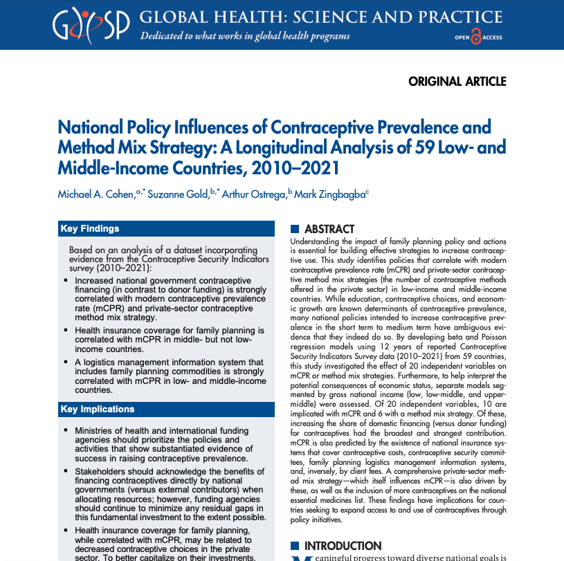 Evidence from over a decade of Contraceptive Security Indicators survey data across 59 countries reveals a subset of finance, governance, and logistics policies that boost modern contraceptive prevalence rate and method-mix strategy. hubs.ly/Q02sBVxW0