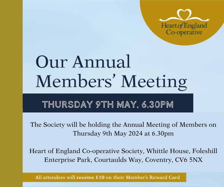 Our Annual General Meeting is coming up shortly! You don't need to register your interest, simply turn up on the evening with your Member's Share Pass Book. Refreshment will be provided before the meeting.