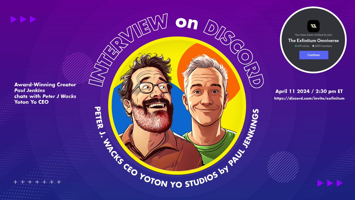 🌟 Exciting Announcement! 🎮

Join us today at 2:30 pm for a special interview with our CEO, Peter J. Wacks, conducted by Award-Winning Creator Paul Jenkins.

It will be an amazing conversation about Peter, games, technolgy and more.

Don't miss out! 
discord.gg/qgGTmtAr