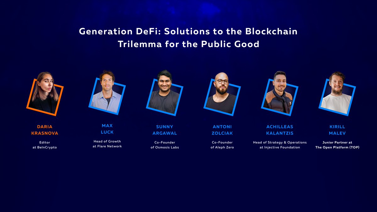 Generation DeFi: Solutions to the Blockchain Trilemma for the Public Good 🔥 Join the Panel with @sunnya97 – Co-Founder of @osmosiszone, @AntoniZolciak – Co-Founder of @Aleph__Zero, @maxluck95 – Head of Growth at @FlareNetworks, @playittodeath – Junior Partner at @topdotco, and…