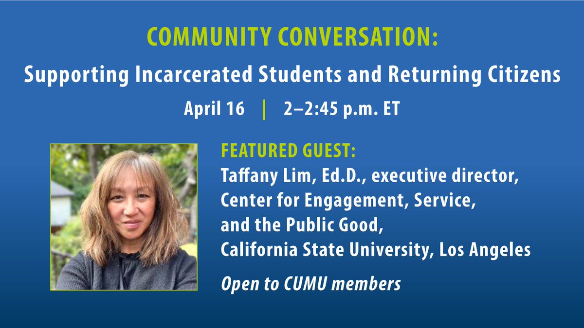 Does your campus support #incarceratedstudents and #returningcitizens? Don't miss these opportunities to get involved with CUMU: 

💬 Community Conversation on April 16: Supporting incarcerated students and returning citizens. #prisonsandjustice 

RSVP 🔗 buff.ly/43Xa3LU