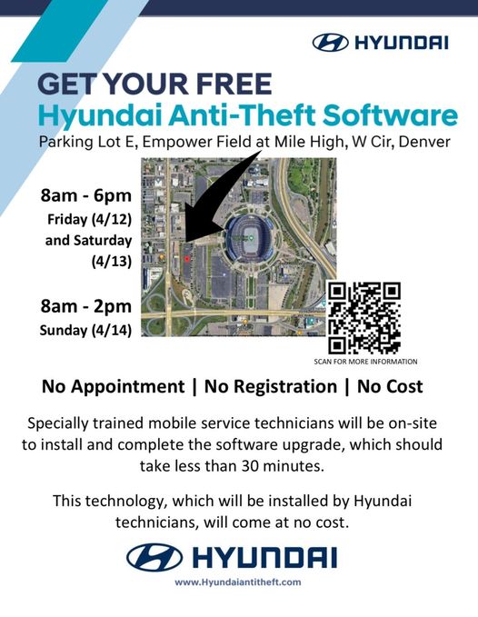 Come be a part of the solution for a safer Denver! Earlier this year we announced a strategy to fight auto thefts in Denver. We invite Hyundai drivers to join us at Empower Field at Mile High this weekend for a FREE software update to enhance the safety of your vehicles.