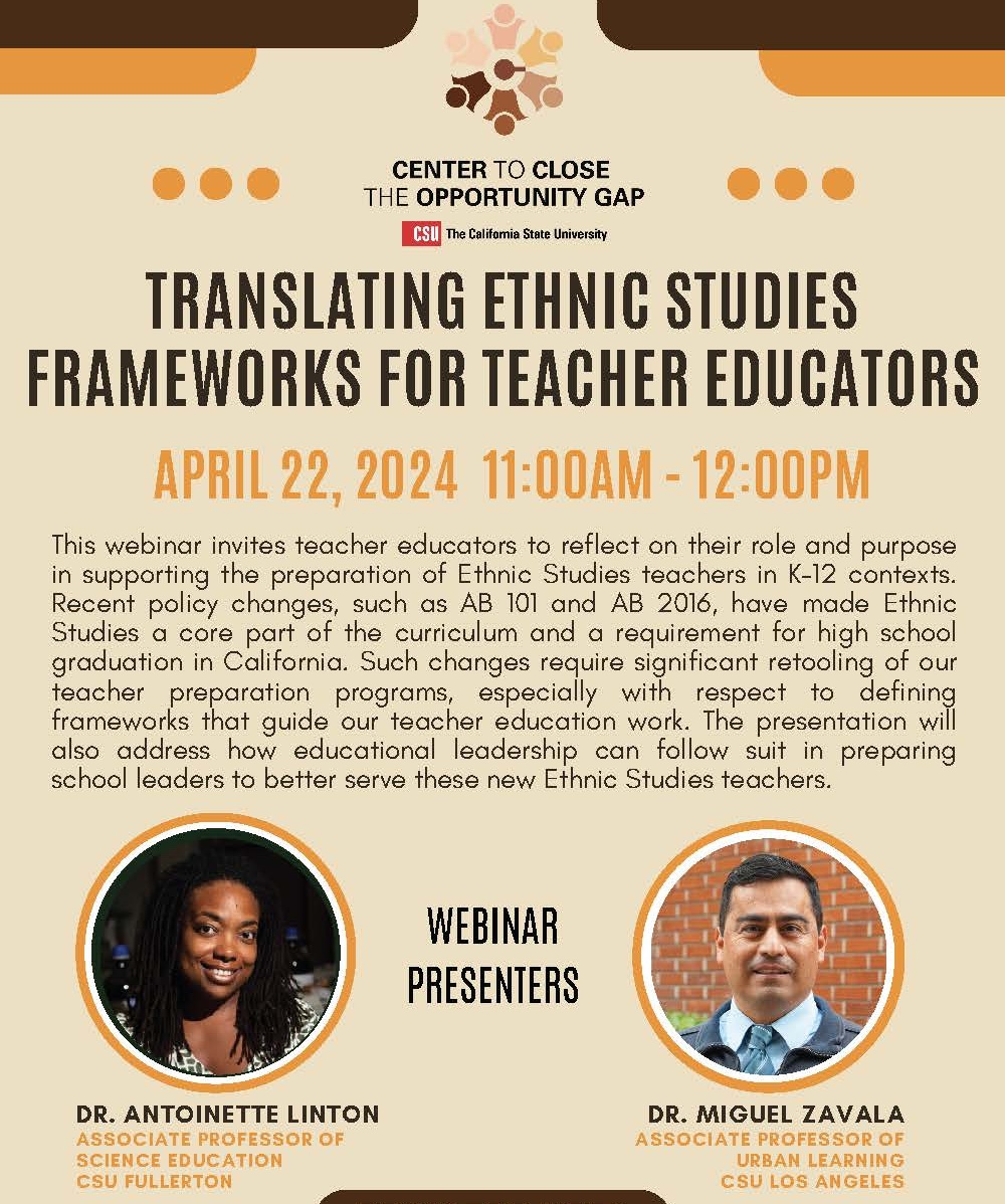 CalStateCCOG's tweet photo. Calling all teacher educators! There's still time to register for the 4/22 webinar "Translating Ethnic Studies Frameworks for Teacher Educators" presented by @DrALinton17M & @MiguelZ03152683
Register at https://t.co/z3nzNf7J4e
#csulb #csulbced #csuf #csufcoe #csula #calstate https://t.co/sWuFXWcLrq