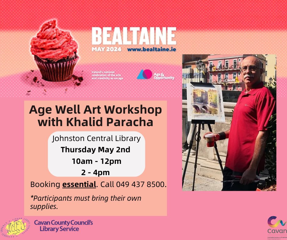 🎨Join Khalid Paracha for an Art Workshop in Johnston Central Library on Thurs May 2 as part of this year's #Bealtaine programme. Khalid will run two workshops: >> 10am - 12pm >> 2 - 4pm. Call the Library on 049 437 8500. ‼Note: participants must bring their own art supplies.