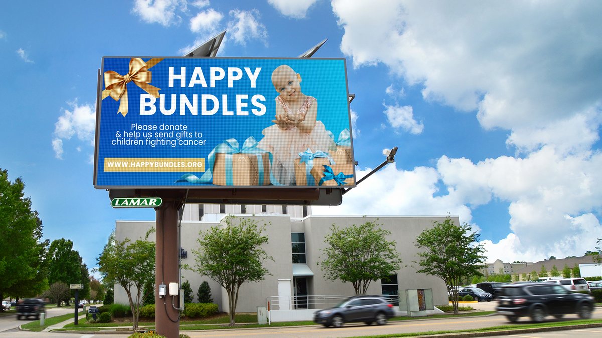 We’re using our national digital Out of Home Network to support and promote the amazing work of Happy Bundles, a nonprofit that sends boxes of gifts to children fighting cancer. Donations help them brighten the day of a child in need. Visit happybundles.org to learn more!