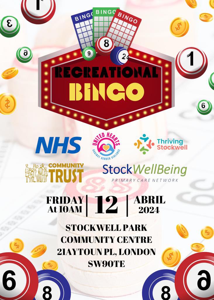 Join us tomorrow at 10am for some recreational fun with Bingo at Stockwell Park Community Centre! All are welcome to join in the excitement 💃🏼💃🏼💃🏼See you there! #Bingo #CommunityEvent #SupportNHS #fun #familyfun #health #stockwell #lambeth