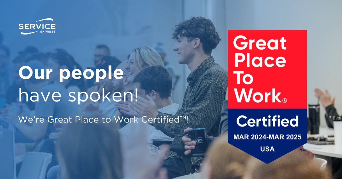 We're honored to be recognized as a 2024 Great Place to Work® Certified company! According to the results, 83% of our people say Service Express is a great place to work — that's 26% higher than the U.S. average. 🔗 bit.ly/3vQVWuP