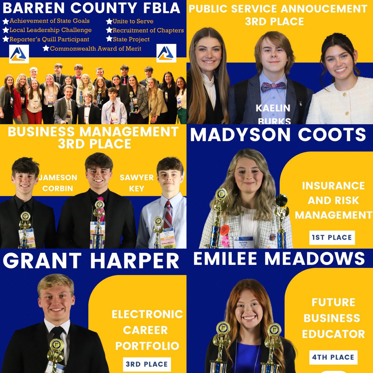 Congratulations to our FBLA chapter that recently competed at the State Leadership Conference held in Louisville, KY! The following members were recognized for placing in the top 5 in their competitions and qualifying for the National FBLA Leadership Conference.