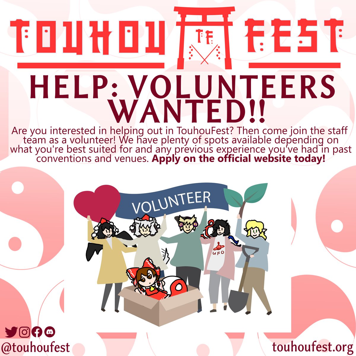 Applications for convention volunteers are now open! We need a loooot of hands on deck for the weekend, so don't worry about finding a position to take! Go visit our official website to apply today! touhoufest.org/applications