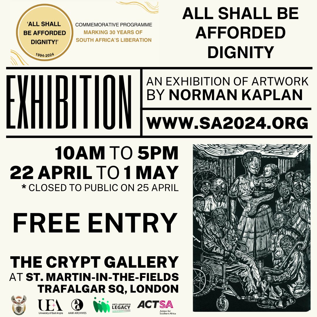 'All Shall Be Afforded Dignity' #Exhibition of Norman Kaplan's #Linocut & political cartoons evokes themes of #democracy & enduring human spirit 🗓️: 22 April - 1 May Daily: 10 – 5 📍: @stmartininthefields 🎟️: FREE Will tour UK in 2024 🖼️ Norman Kaplan, 1996 @concourt_art