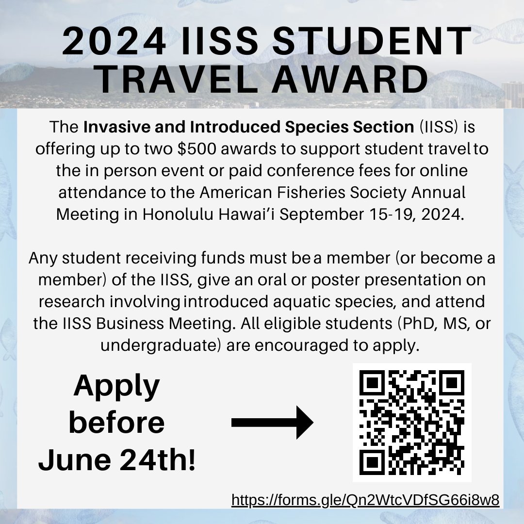 Hannah Mulligan (@mullyfish) on Twitter photo If you are attending the Annual AFS meeting in Honolulu this year and research introduced/invasive species, then please see the flyer below for a student TRAVEL AWARD opportunity! 🐟 <a href="/SDSUFishEcology/">Alison Coulter</a> <a href="/AmFisheriesSoc/">American Fisheries Society</a> If you are attending the Annual AFS meeting in Honolulu this year and research introduced/invasive species, then please see the flyer below for a student TRAVEL AWARD opportunity! 🐟 <a href="/SDSUFishEcology/">Alison Coulter</a> <a href="/AmFisheriesSoc/">American Fisheries Society</a>