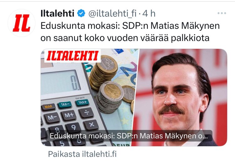 Mitä tapahtui Matias Mäkysen talousosaajuudelle? Vanhemmassa kuvakaappauksessa @iltalehti_fi twiitti kutsuu Mäkystä 'SDP:n talousosaajaksi', nyt feedistä löytyvässä uutisessa ei enää puhuta talousosaajuudesta mitään. 🤷‍♂️