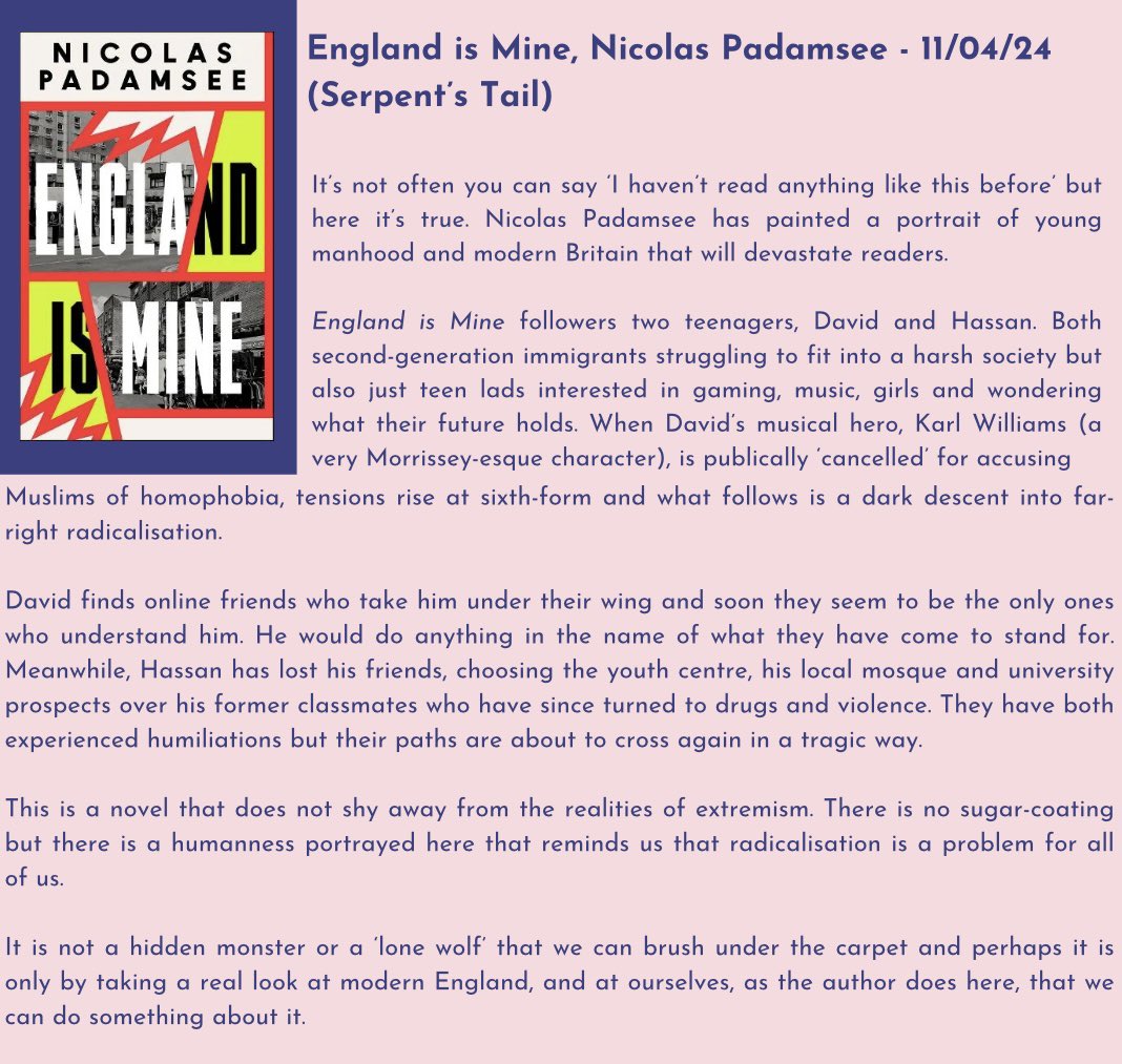 Our #BookReview of England is Mine by @nicolaspadamsee 📖 “a portrait of young manhood and modern Britain that will devastate readers” Thank you to @serpentstail for the advance copy. Review by @abiwhitty 💌 #BookTwitter #BookRecommendations