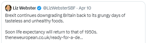 As a UK farmer (or at least the wife of one), you'd think Loopy Liz would be a little more complimentary about the produce made in the UK - by farmers like her. But no - it seems without EU membership, all the UK can do is be limited to 'grungy tasteless and unhealthy foods'.