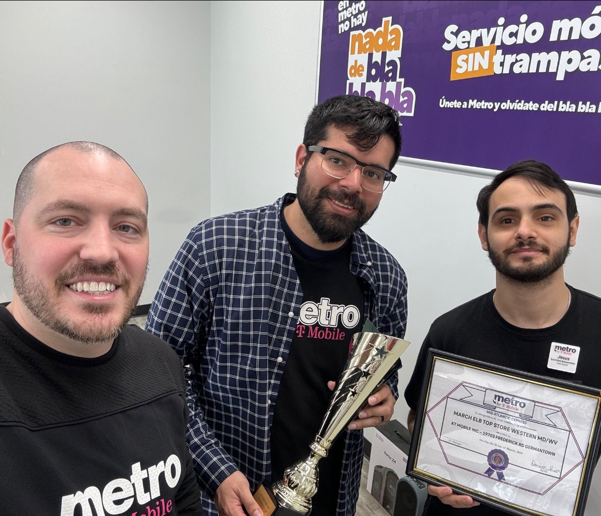 I had the pleasure of delivering the Western MD/WV champions cup to KT Mobile in Germantown MD, today for finishing 1st in the territory and top 10% in the nation for March! Great job, Jose and Jesus!