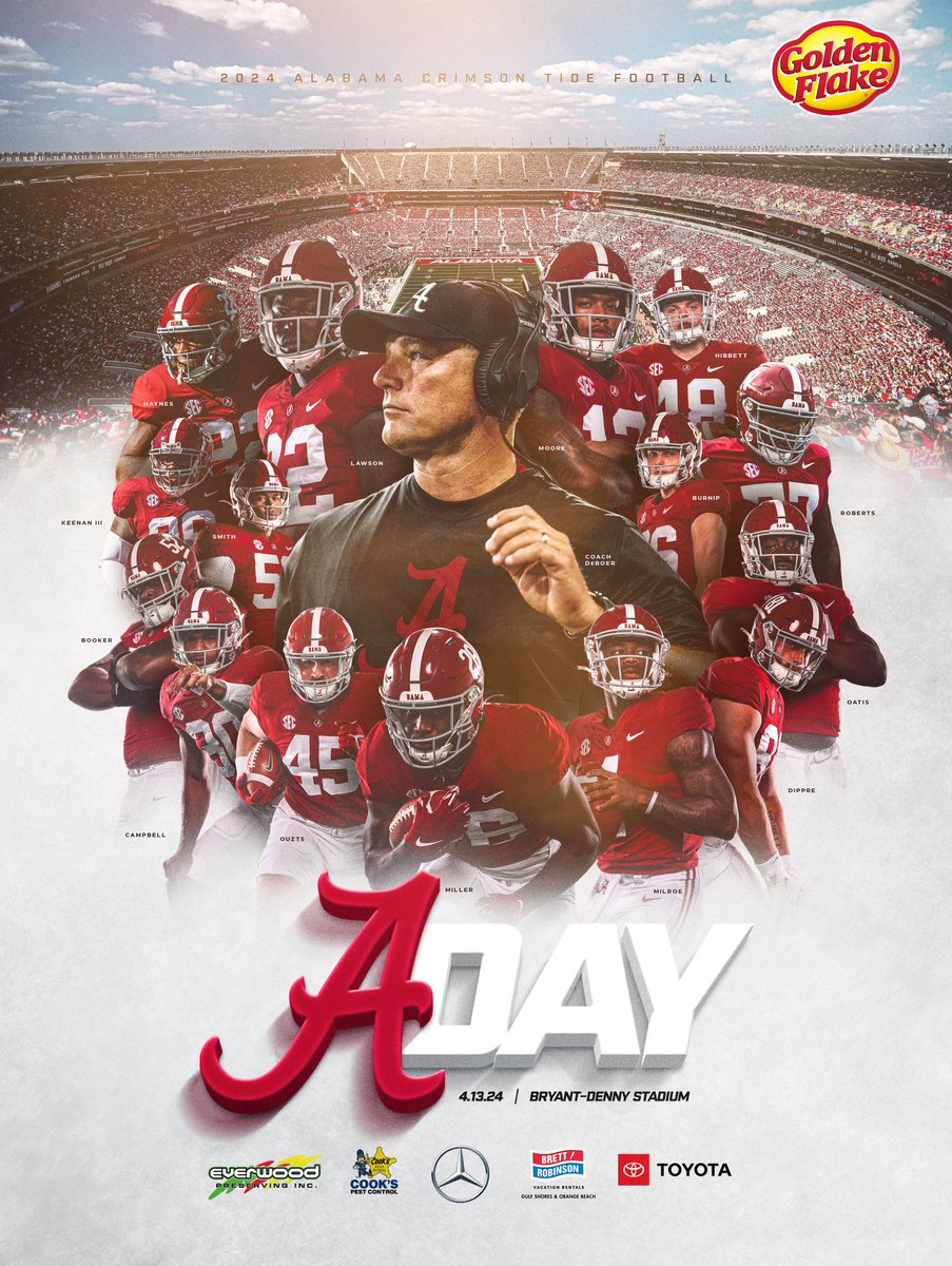 Be one of the first 10,000 fans at Golden Flake A-Day on Saturday to pick up this poster! Stadium gates open at 12 p.m. #RollTide | @AlabamaFTBL