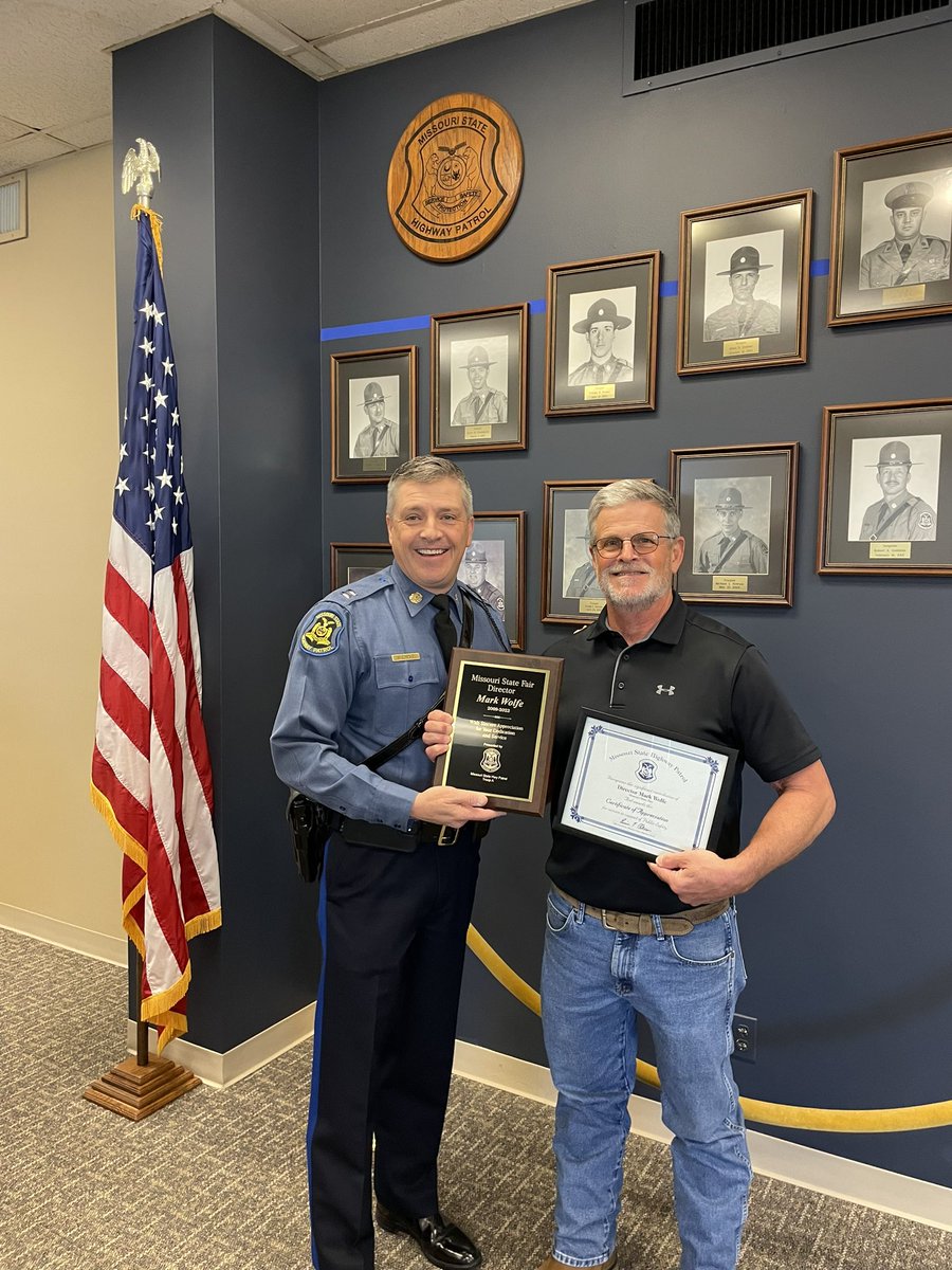 Today we had the privilege honoring Mr. Mark Wolfe, former director of the @MoStateFair. Mr. Wolfe was the director of the Fair for 14 years and his partnership with the Patrol was invaluable! His leadership and friendship will be missed. Thank you Mark for all you’ve done.