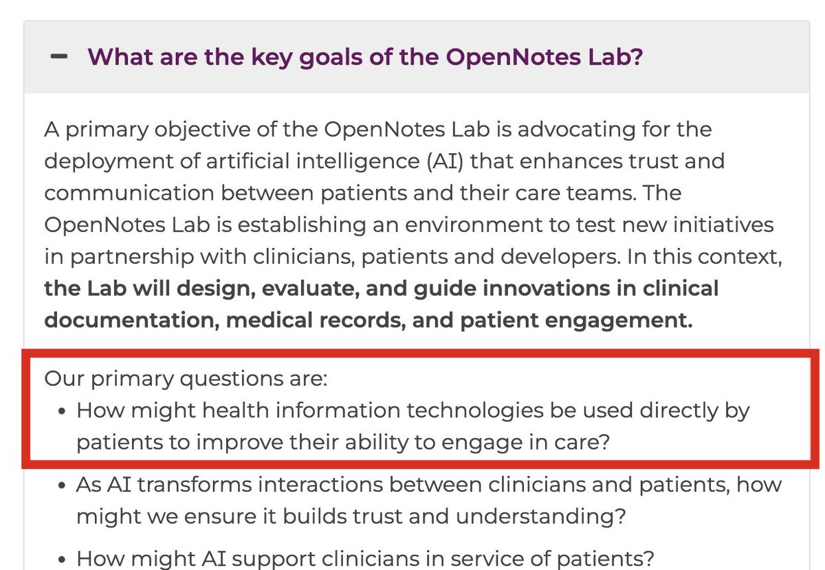 I love love love @MyOpenNotes (since its beginning!) and it's a delight (but no surprise) that the new #OpenNotesLab lists #PatientsUseAI at the top of its primary questions! 'The future is already here. It's just not evenly distributed.' - William Gibson