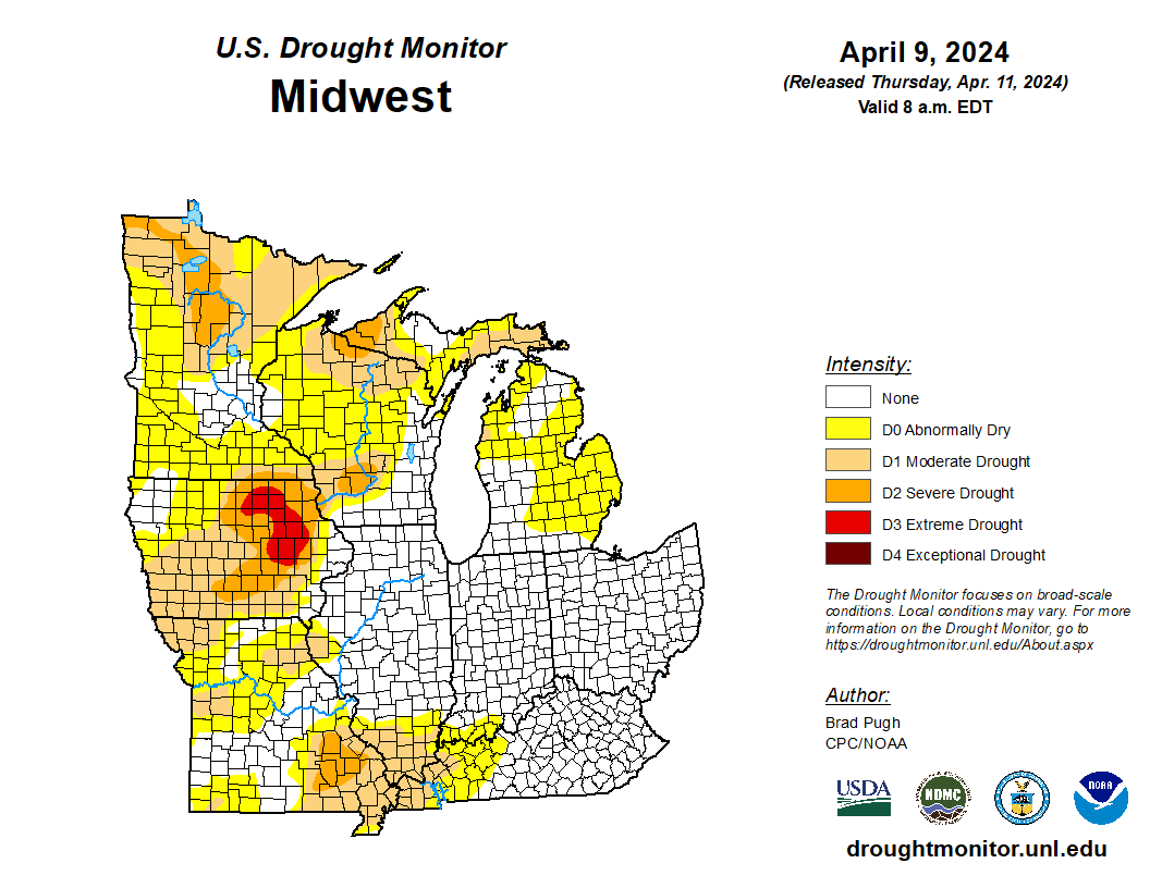 Heavy rain spread across eastern Iowa, NW Illinois, and parts of Wisconsin, improving drought conditions there. Southern Missouri and western Kentucky continued to miss out on precipitation and dryness/drought worsened in those areas. bit.ly/USDM040924 #DroughtMonitor