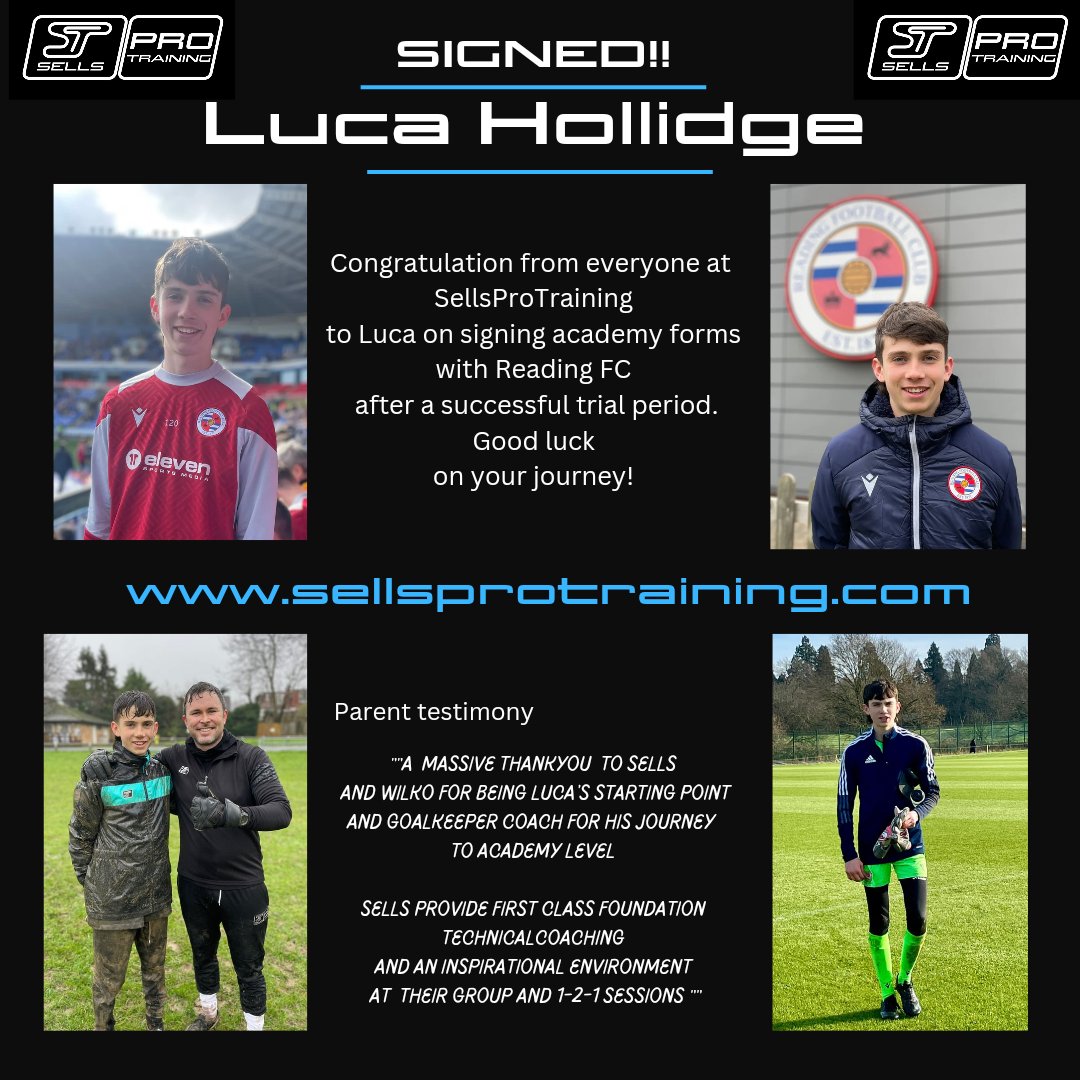 Congratulations Luca on signing for Reading fc Academy! 👏 👏 

Luca started his goalkeeping journey with us 2 years ago by attending one of our many weekly goalkeeper specific sessions.

To find a weekly session near you visit sellsprotraining.com and book 2 FREE sessions