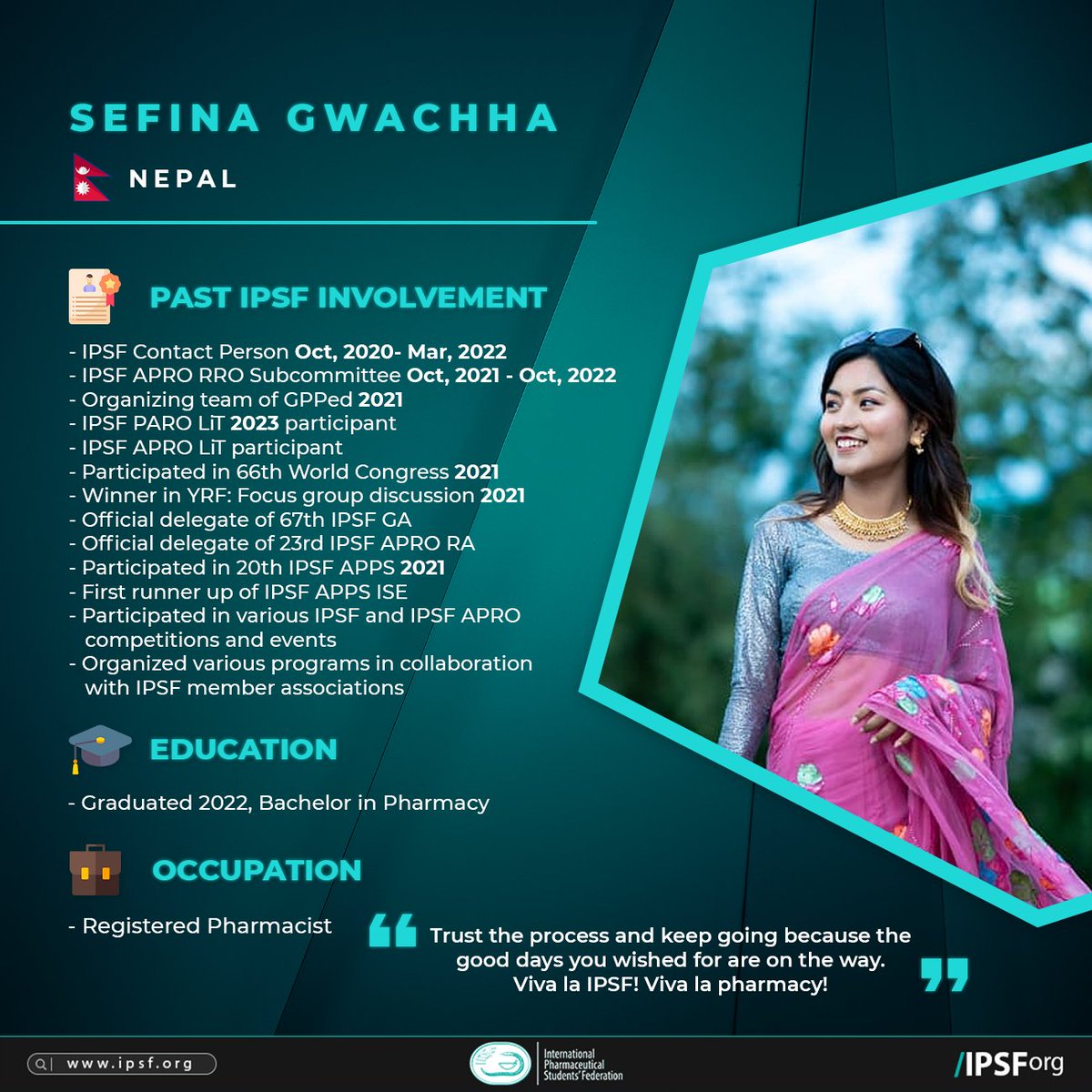 6th chapter of our IPSF Alumni Spotlight series! 🌟

Today, we're shining a light on Sefina Gwachha.

From her beginnings with IPSF to her current achievements, her story is incredibly inspiring. Discover her journey!

#IPSFAlumniSpotlight
#75YearsOfIPSF
#IPSForg