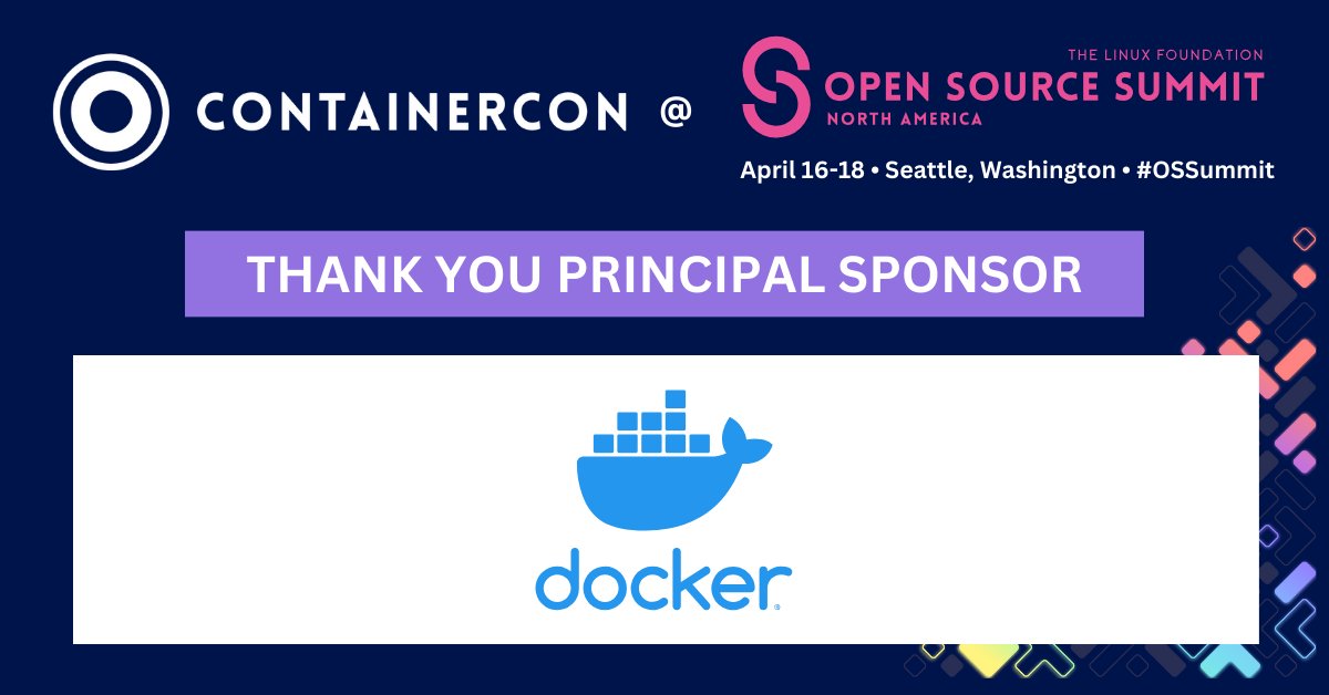 Hey @Docker! 👋 Thanks for being a #ContainerCon @ #OSSummit North America principal sponsor. Join us April 16-18 in Seattle to network, learn & share with the global #OpenSource community. View the schedule: hubs.la/Q02rkS8W0. Register: hubs.la/Q02rkRSg0.