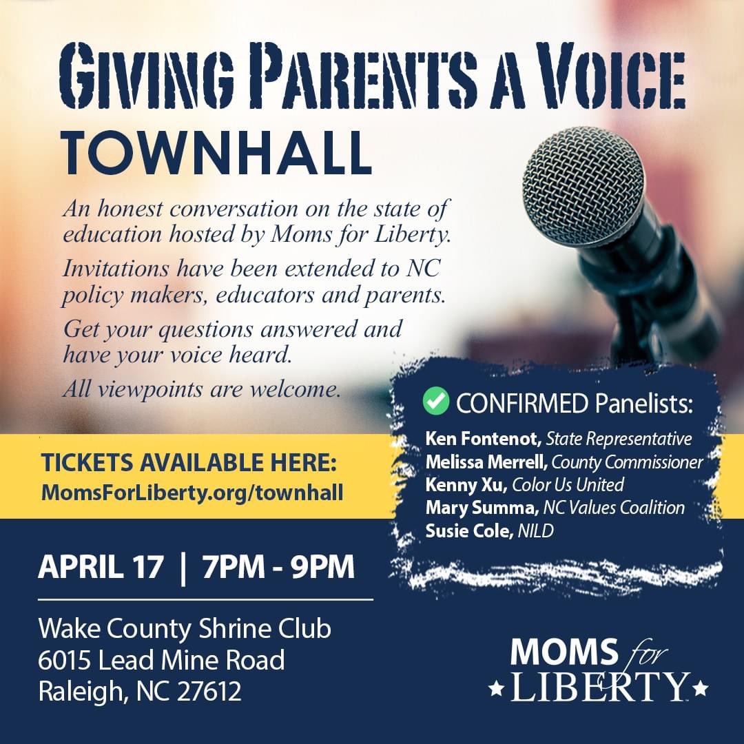 🎙️ @Moms4Liberty Giving Parents a Voice Townhall, April 17th! Confirmed panelists: @Kenfont1983 Melissa Merrell, Union Co Commissioner @kennymxu w/ @CUU_org Mary Summa, @NCValues Susie Cole, Nat’l Inst of Learning and Development Register now: portal.momsforliberty.org/townhall/